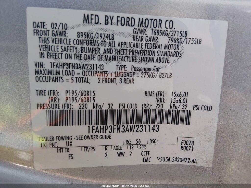 1FAHP3FN3AW231143 2010 FORD FOCUS photo no. 9