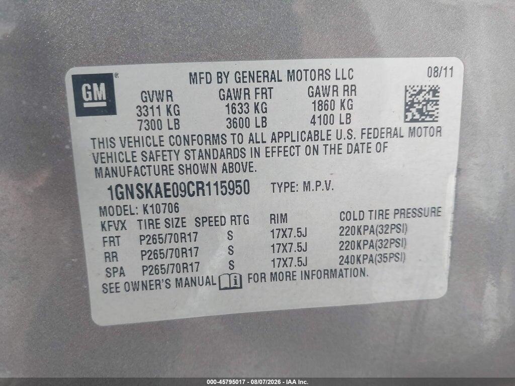 1GNSKAE09CR115950 2012 CHEVROLET TAHOE photo no. 9