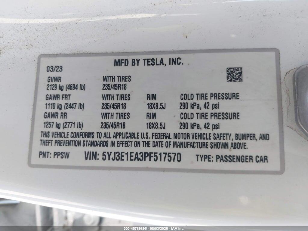 5YJ3E1EA3PF517570 2023 TESLA MODEL 3 photo no. 9
