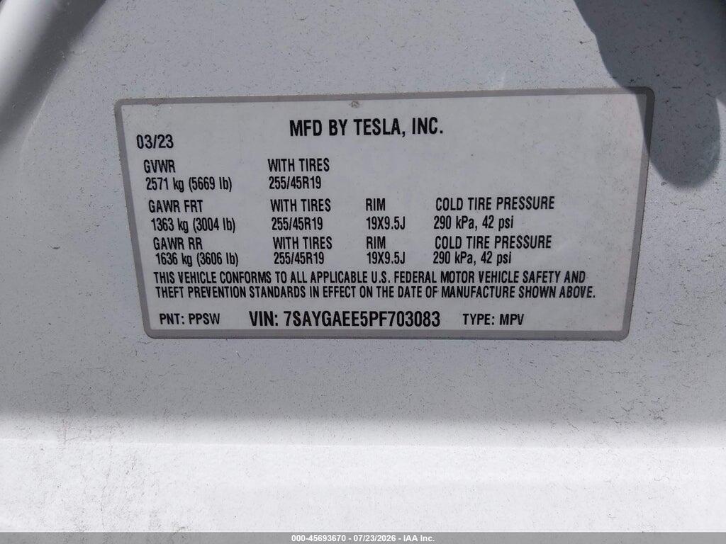 7SAYGAEE5PF703083 2023 TESLA MODEL Y photo no. 9