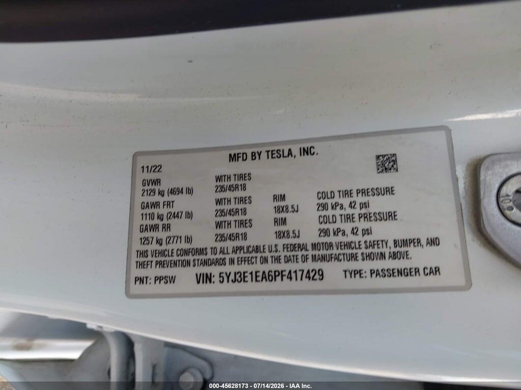 5YJ3E1EA6PF417429 2023 TESLA MODEL 3 photo no. 9