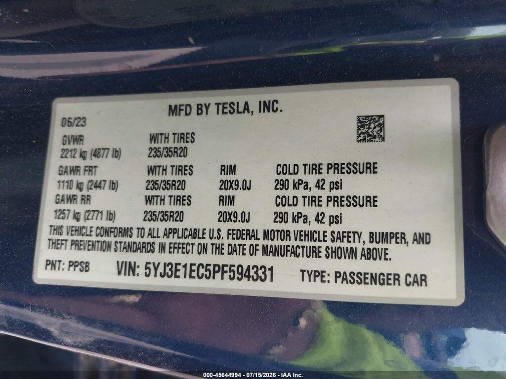 5YJ3E1EC5PF594331 2023 TESLA MODEL 3 photo no. 9