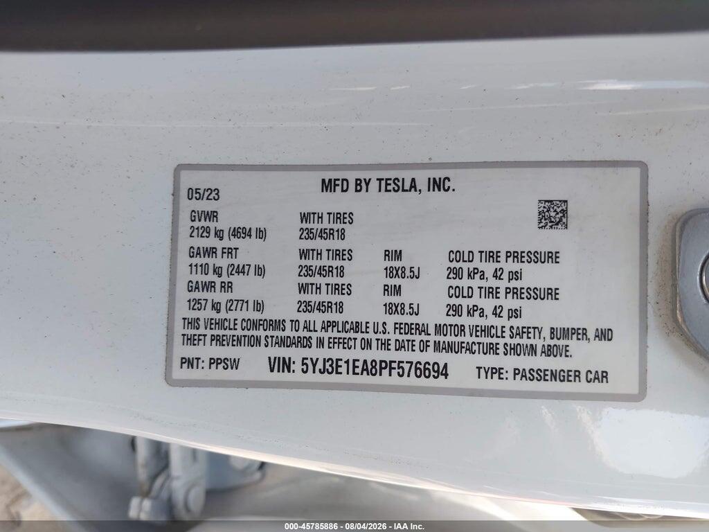 5YJ3E1EA8PF576694 2023 TESLA MODEL 3 photo no. 9