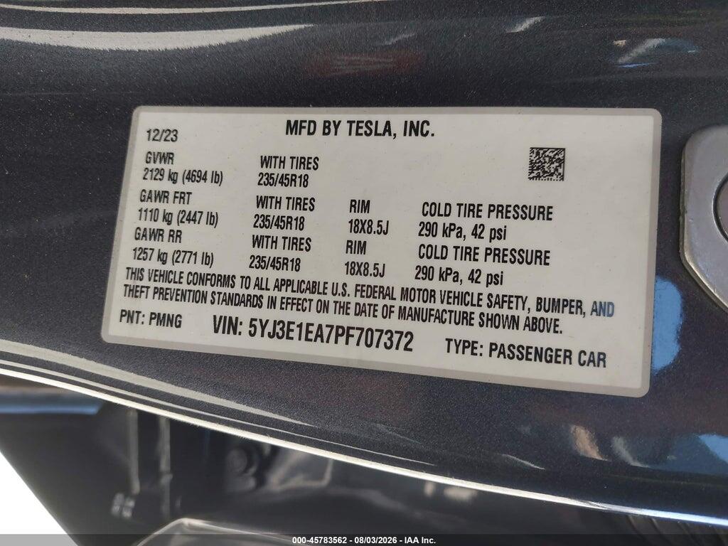 5YJ3E1EA7PF707372 2023 TESLA MODEL 3 photo no. 9