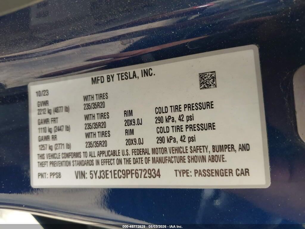 5YJ3E1EC9PF672934 2023 TESLA MODEL 3 photo no. 9