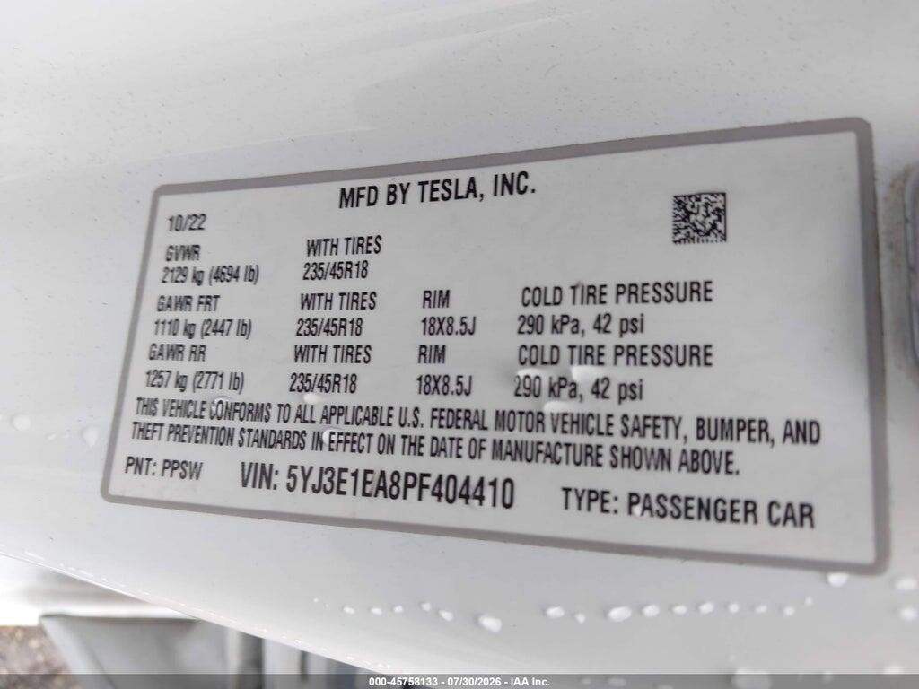 5YJ3E1EA8PF404410 2023 TESLA MODEL 3 photo no. 9