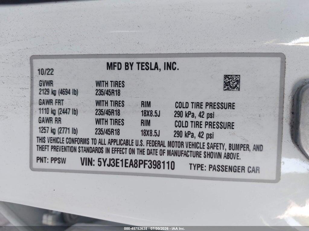 5YJ3E1EA8PF398110 2023 TESLA MODEL 3 photo no. 9
