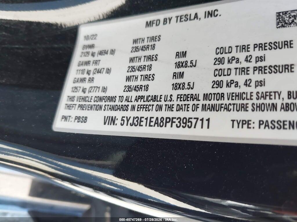 5YJ3E1EA8PF395711 2023 TESLA MODEL 3 photo no. 9