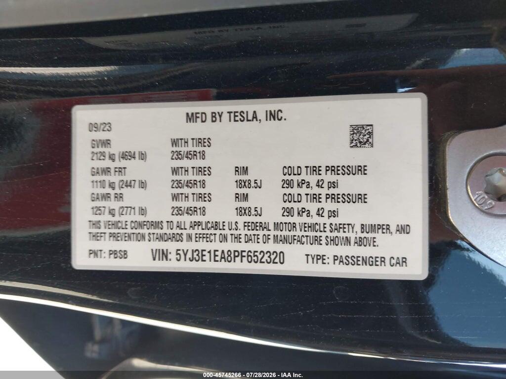 5YJ3E1EA8PF652320 2023 TESLA MODEL 3 photo no. 9