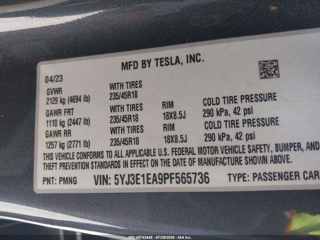 5YJ3E1EA9PF565736 2023 TESLA MODEL 3 photo no. 9
