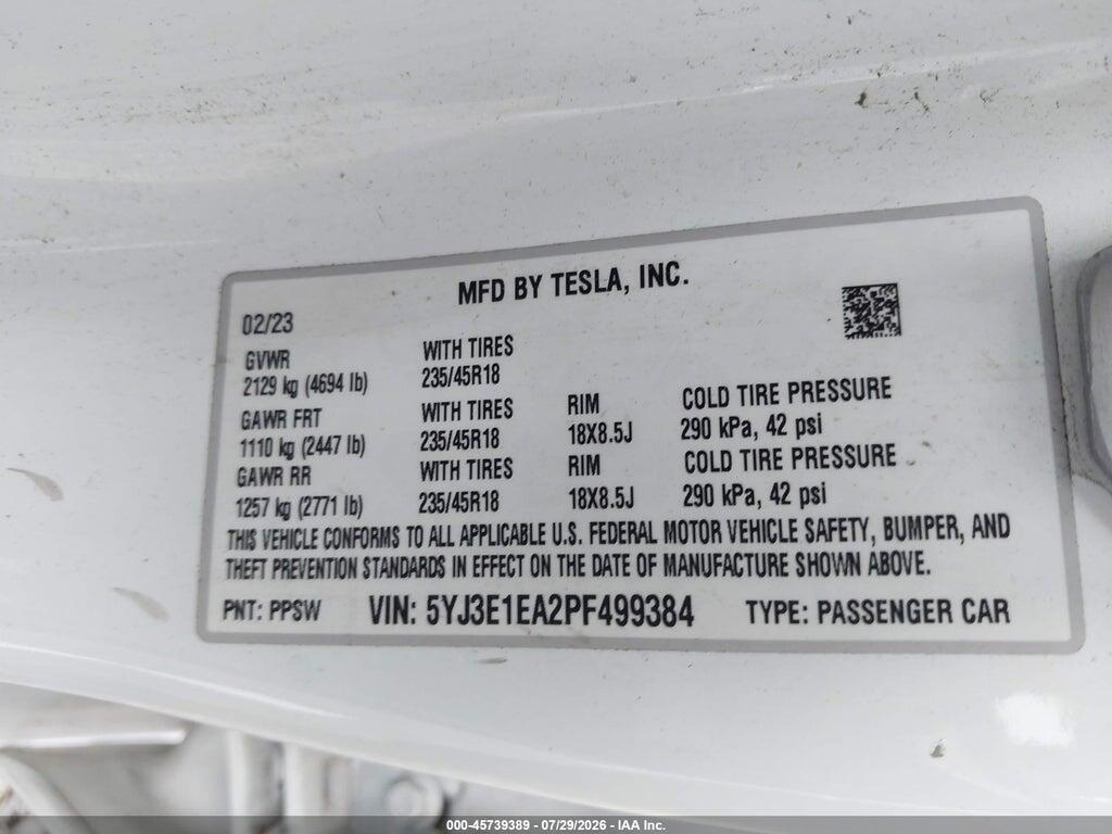 5YJ3E1EA2PF499384 2023 TESLA MODEL 3 photo no. 9