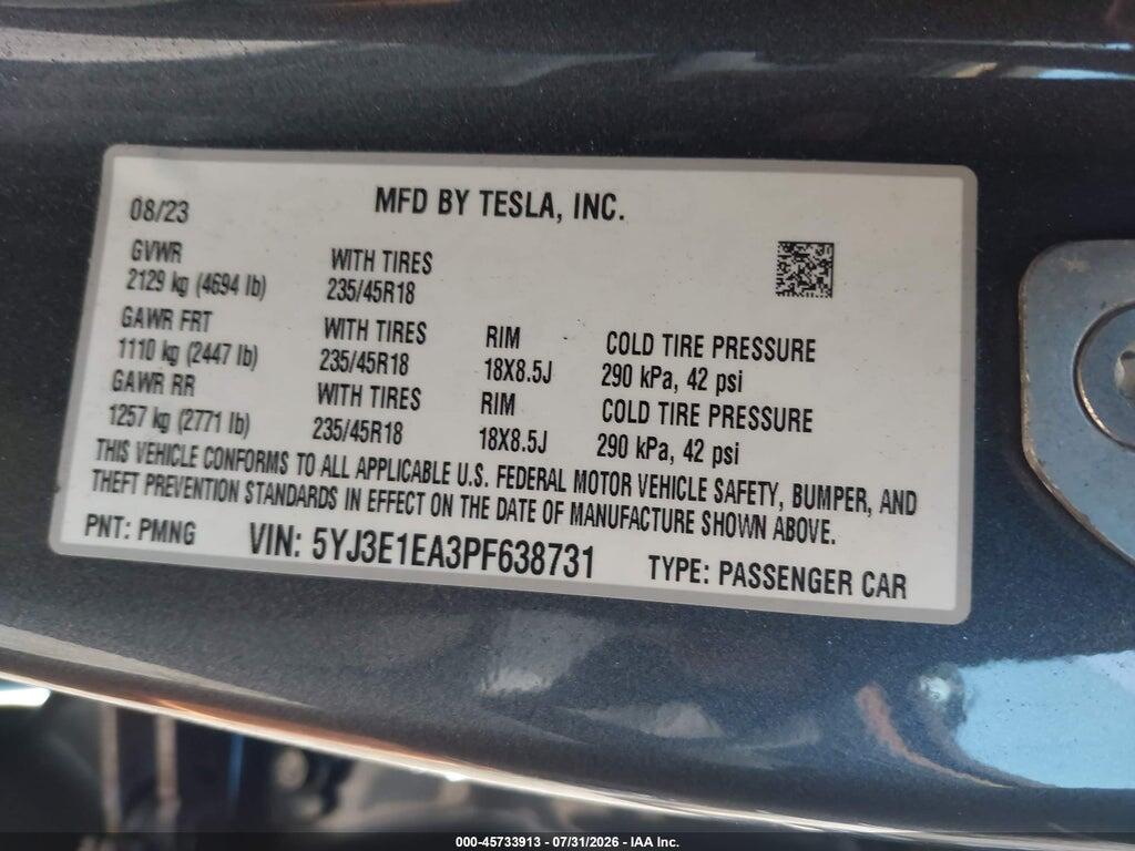 5YJ3E1EA3PF638731 2023 TESLA MODEL 3 photo no. 9