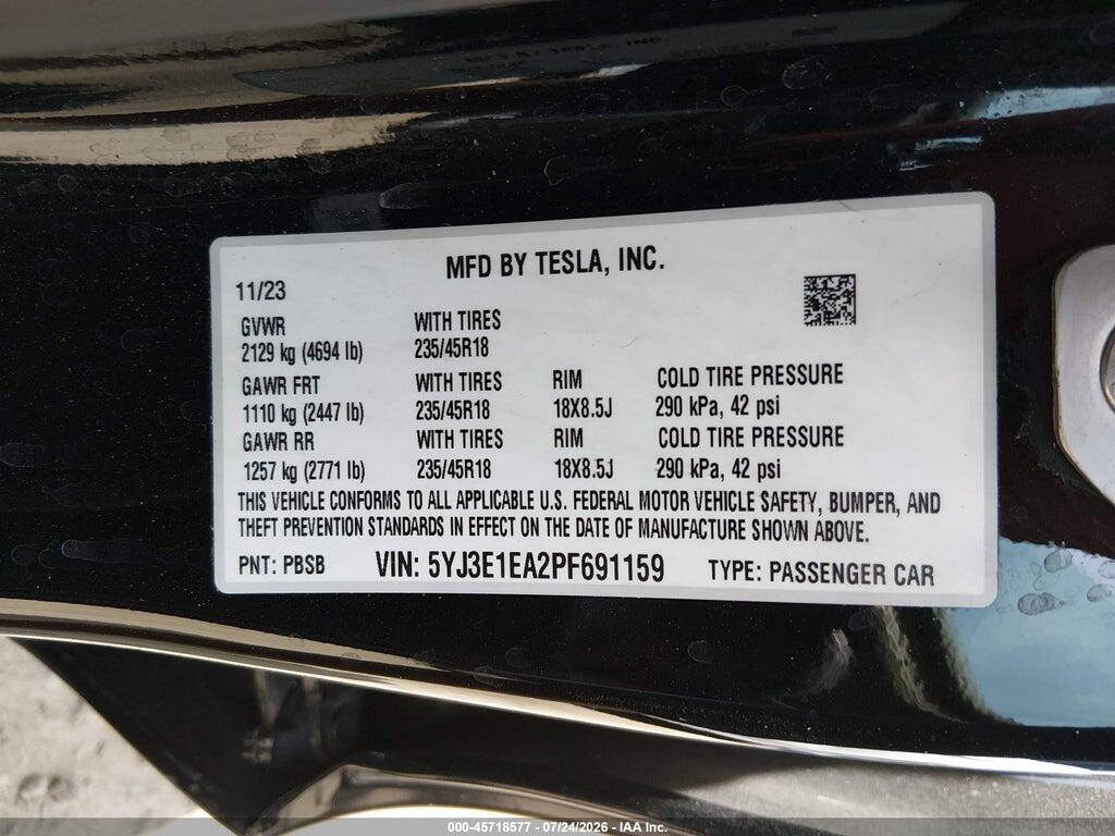 5YJ3E1EA2PF691159 2023 TESLA MODEL 3 photo no. 9