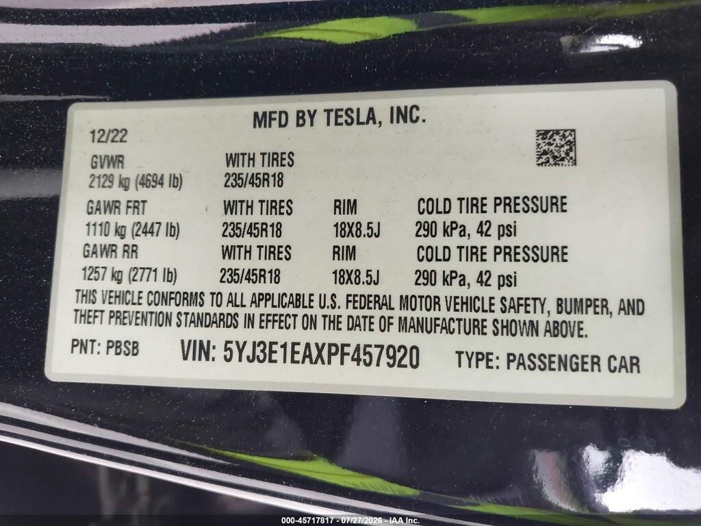5YJ3E1EAXPF457920 2023 TESLA MODEL 3 photo no. 9