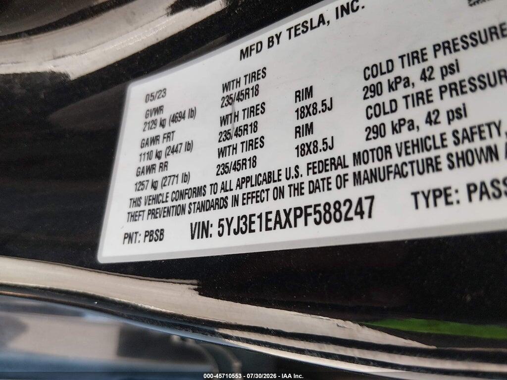 5YJ3E1EAXPF588247 2023 TESLA MODEL 3 photo no. 9