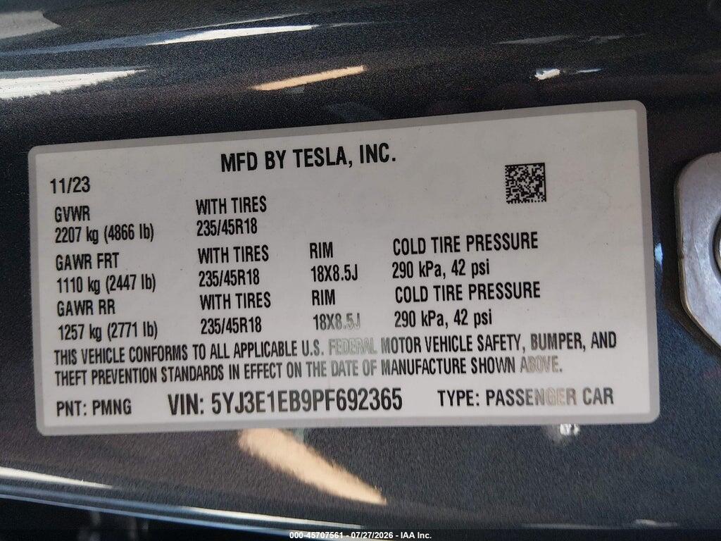 5YJ3E1EB9PF692365 2023 TESLA MODEL 3 photo no. 9
