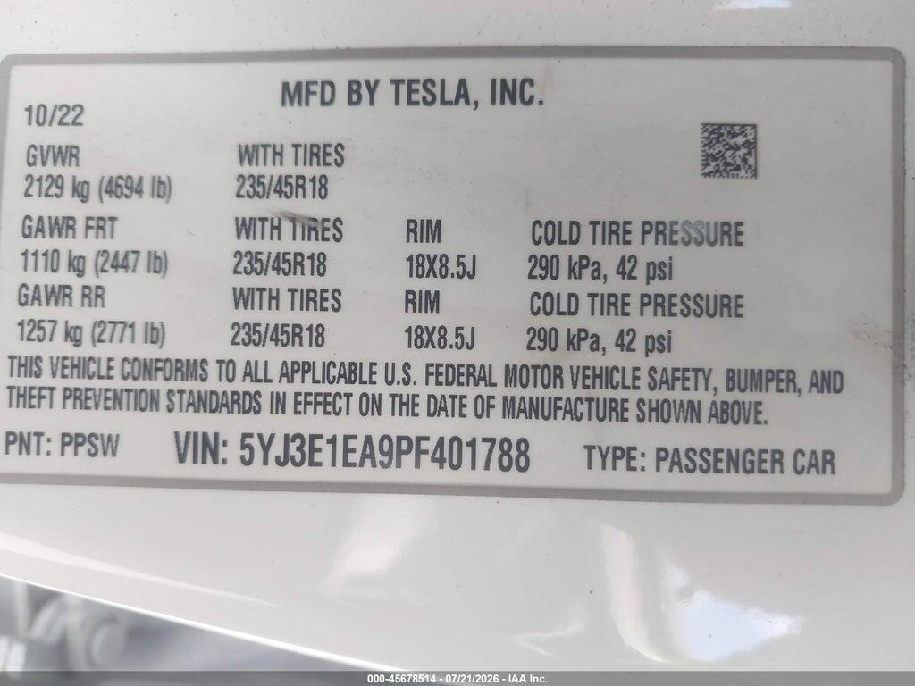 5YJ3E1EA9PF401788 2023 TESLA MODEL 3 photo no. 9