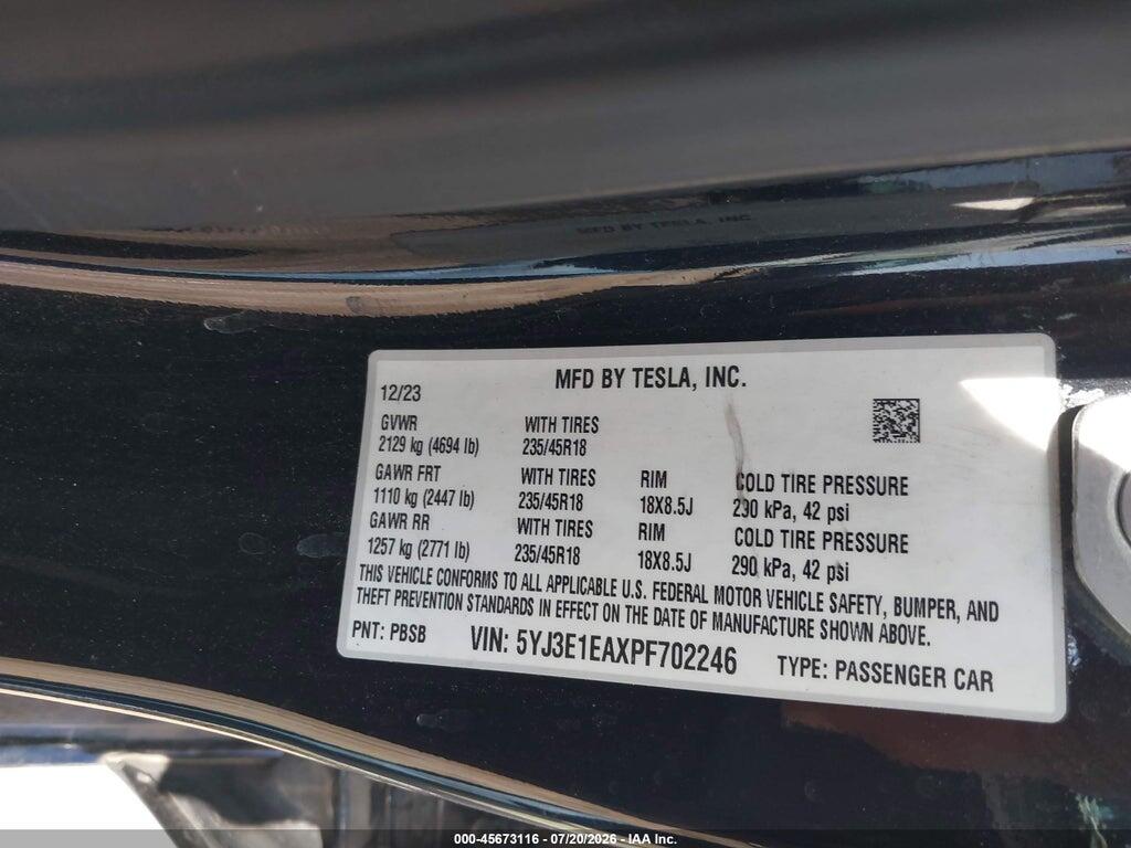 5YJ3E1EAXPF702246 2023 TESLA MODEL 3 photo no. 9