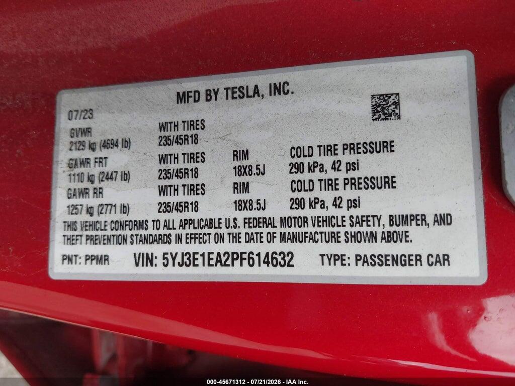 5YJ3E1EA2PF614632 2023 TESLA MODEL 3 photo no. 9