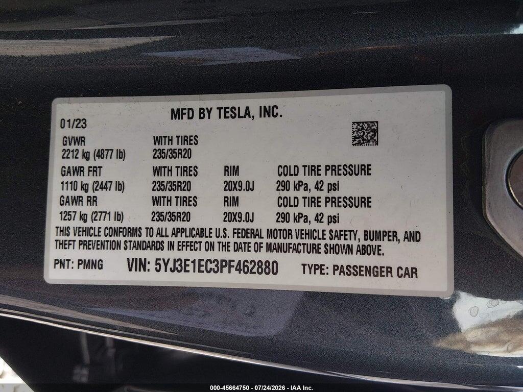 5YJ3E1EC3PF462880 2023 TESLA MODEL 3 photo no. 9