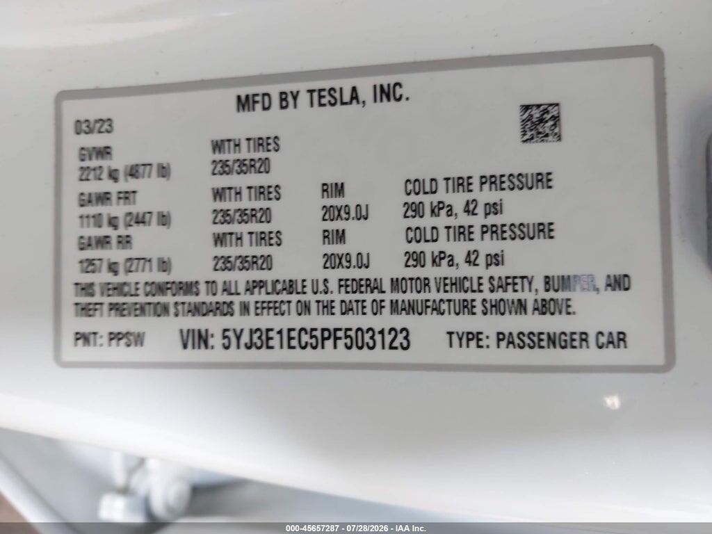 5YJ3E1EC5PF503123 2023 TESLA MODEL 3 photo no. 9