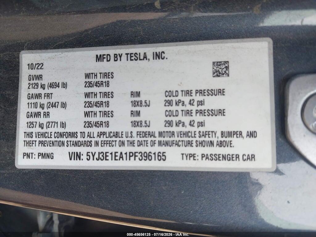 5YJ3E1EA1PF396165 2023 TESLA MODEL 3 photo no. 9