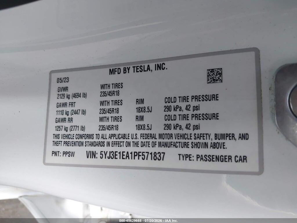 5YJ3E1EA1PF571837 2023 TESLA MODEL 3 photo no. 9