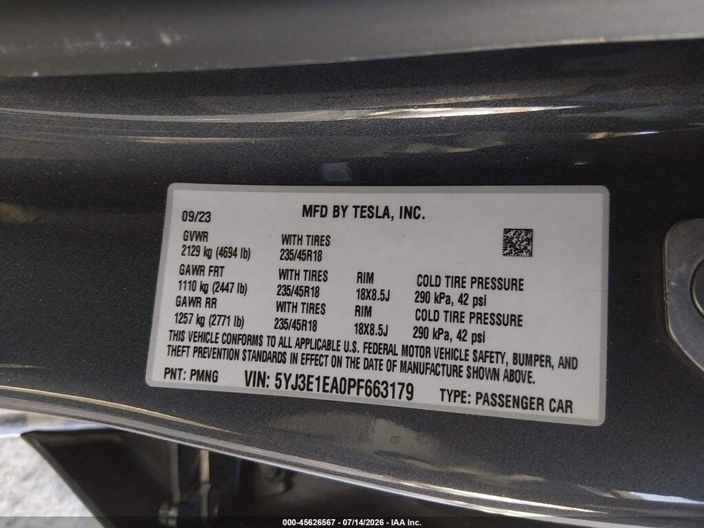 5YJ3E1EA0PF663179 2023 TESLA MODEL 3 photo no. 9