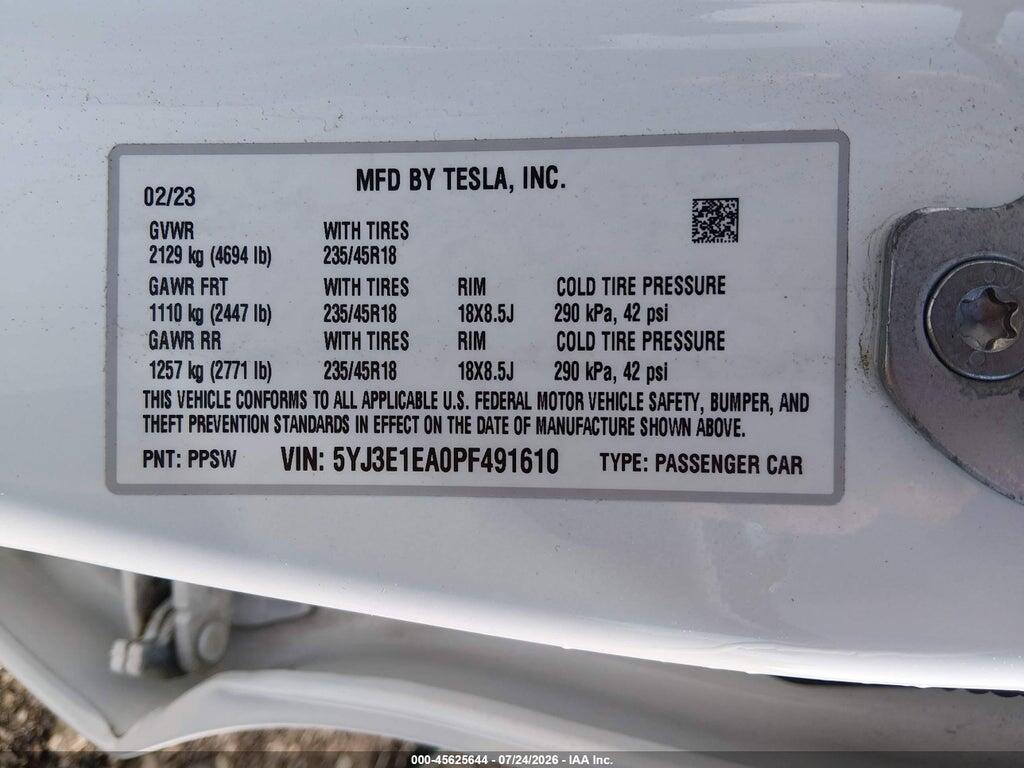 5YJ3E1EA0PF491610 2023 TESLA MODEL 3 photo no. 9
