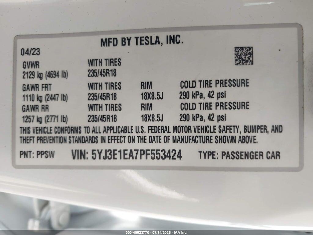 5YJ3E1EA7PF553424 2023 TESLA MODEL 3 photo no. 9