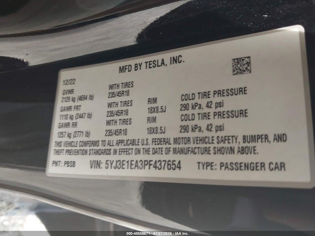 5YJ3E1EA3PF437654 2023 TESLA MODEL 3 photo no. 9