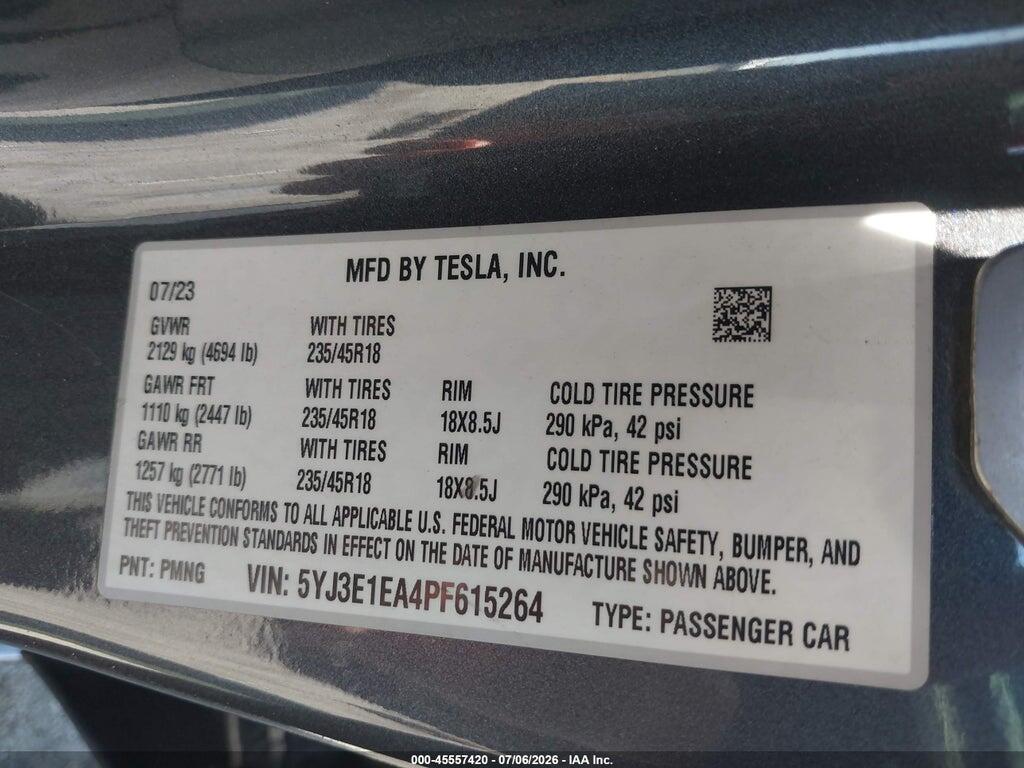 5YJ3E1EA4PF615264 2023 TESLA MODEL 3 photo no. 9