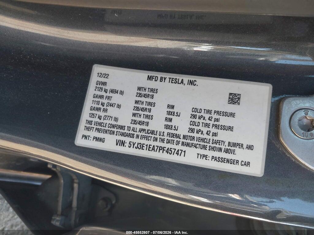 5YJ3E1EA7PF457471 2023 TESLA MODEL 3 photo no. 9
