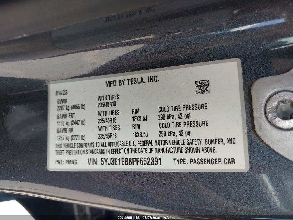 5YJ3E1EB8PF652391 2023 TESLA MODEL 3 photo no. 9
