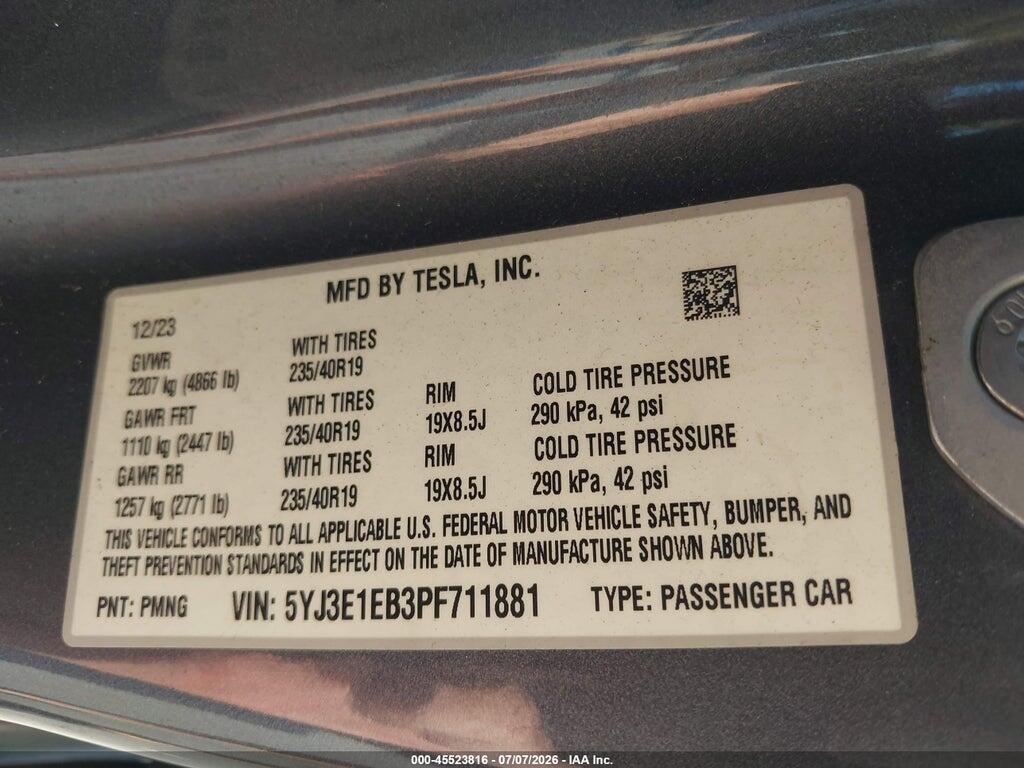 5YJ3E1EB3PF711881 2023 TESLA MODEL 3 photo no. 9