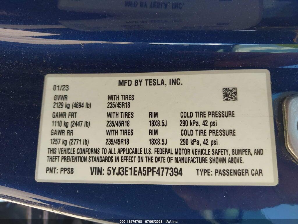 5YJ3E1EA5PF477394 2023 TESLA MODEL 3 photo no. 9