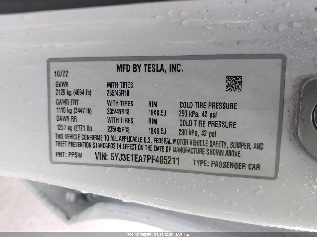 5YJ3E1EA7PF405211 2023 TESLA MODEL 3 photo no. 9
