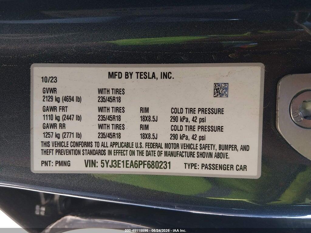 5YJ3E1EA6PF680231 2023 TESLA MODEL 3 photo no. 9