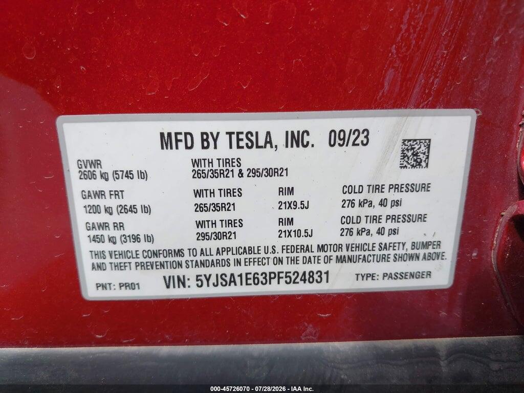5YJSA1E63PF524831 2023 TESLA MODEL S photo no. 9