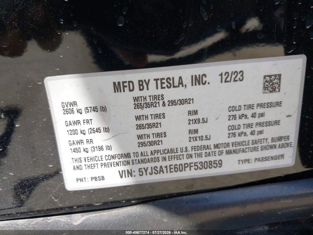 5YJSA1E60PF530859 2023 TESLA MODEL S photo no. 9