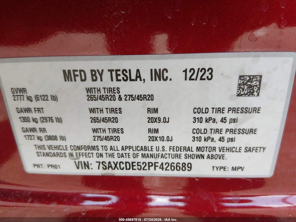 7SAXCDE52PF426689 2023 TESLA MODEL X photo no. 9