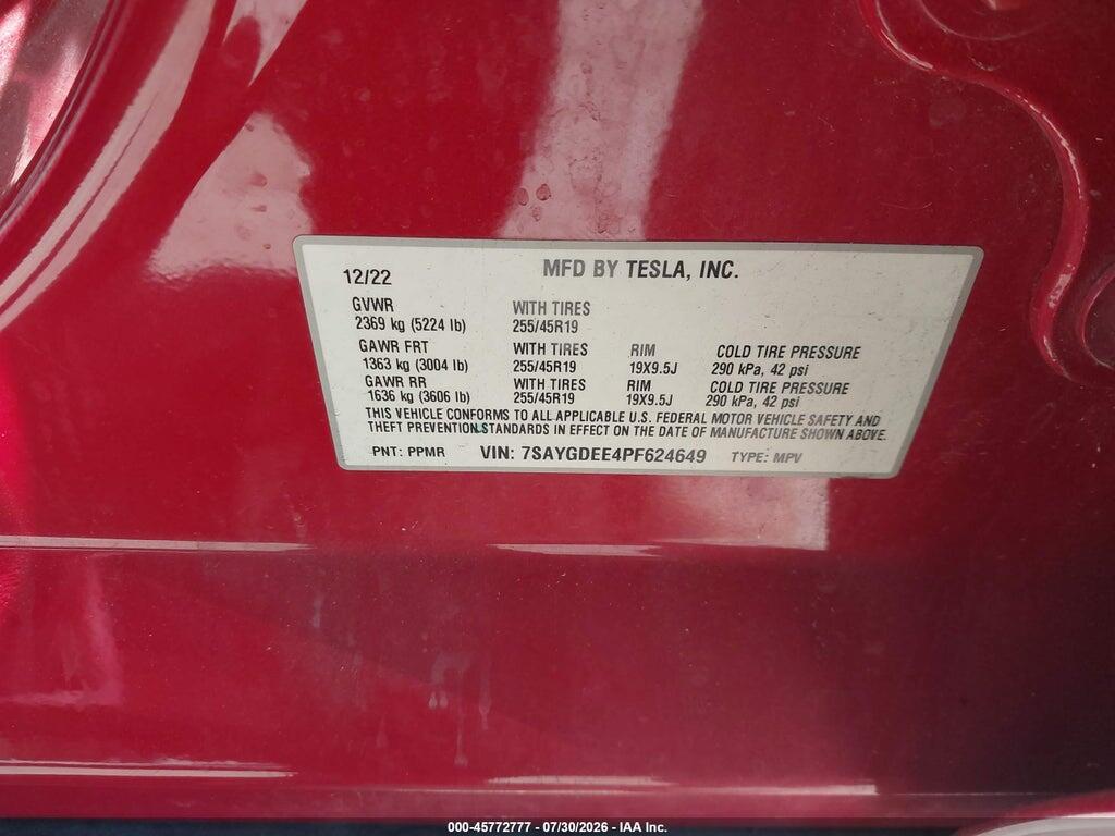 7SAYGDEE4PF624649 2023 TESLA MODEL Y photo no. 9