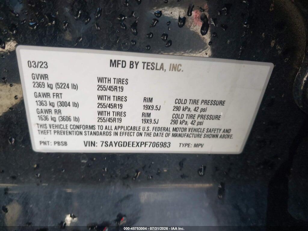 7SAYGDEEXPF706983 2023 TESLA MODEL Y photo no. 9