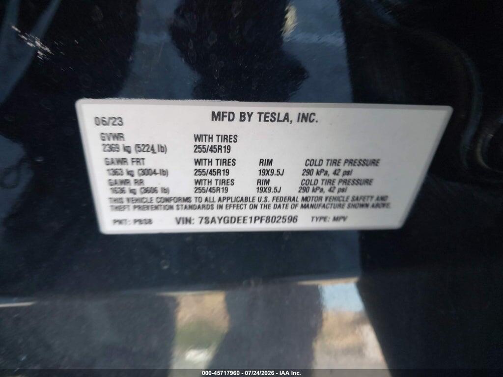 7SAYGDEE1PF802596 2023 TESLA MODEL Y photo no. 9