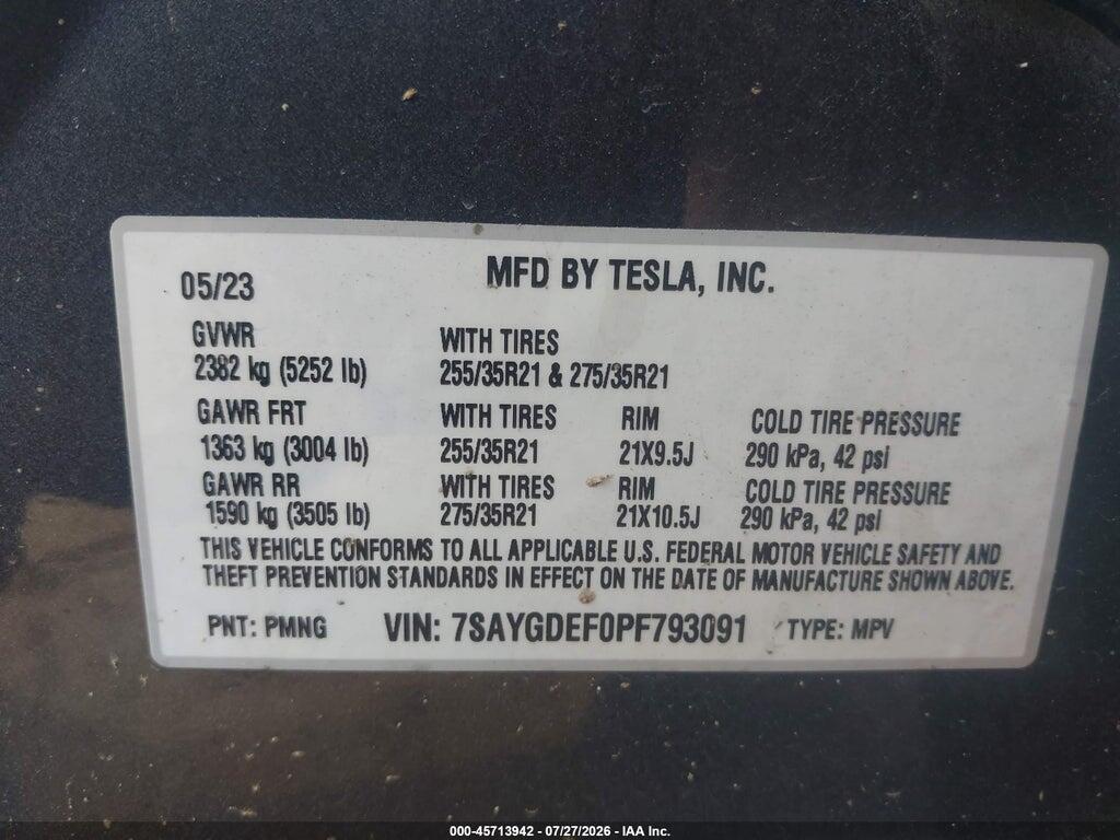 7SAYGDEF0PF793091 2023 TESLA MODEL Y photo no. 9