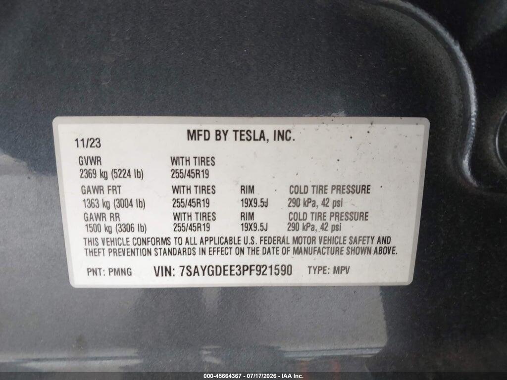 7SAYGDEE3PF921590 2023 TESLA MODEL Y photo no. 9