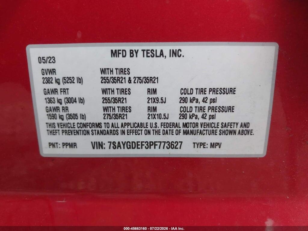 7SAYGDEF3PF773627 2023 TESLA MODEL Y photo no. 9