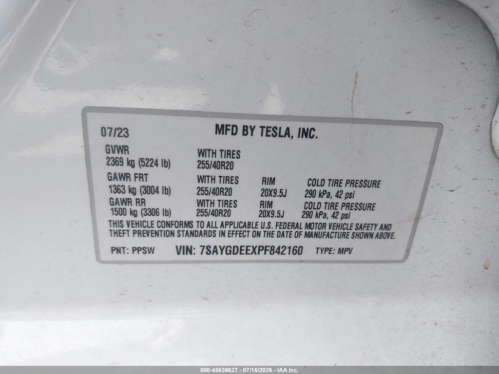 7SAYGDEEXPF842160 2023 TESLA MODEL Y photo no. 9