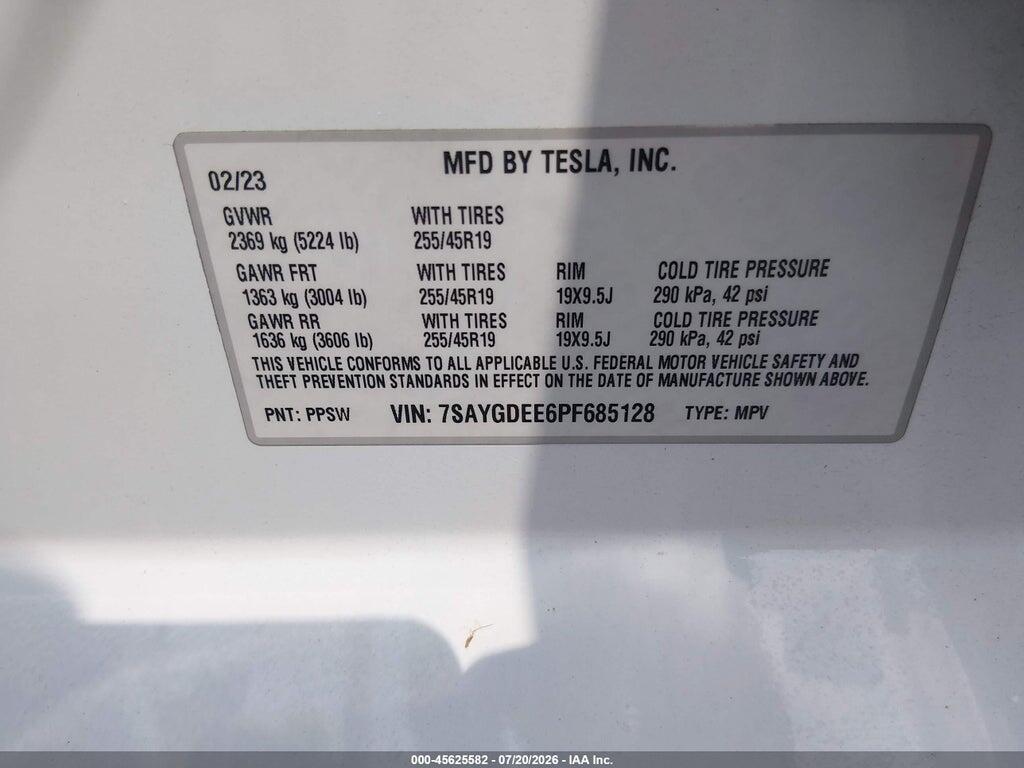 7SAYGDEE6PF685128 2023 TESLA MODEL Y photo no. 9