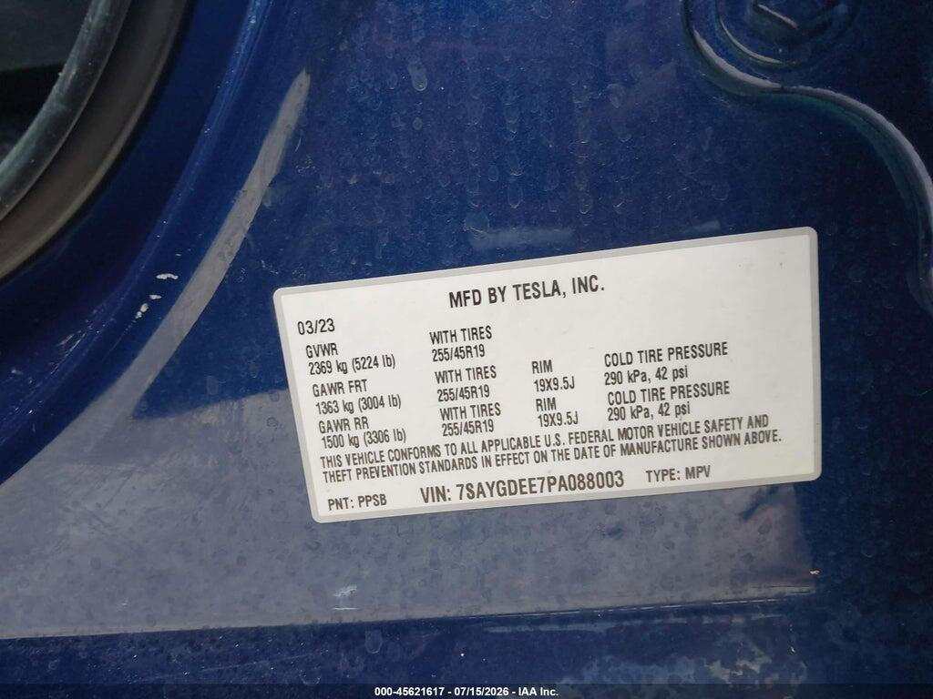7SAYGDEE7PA088003 2023 TESLA MODEL Y photo no. 9